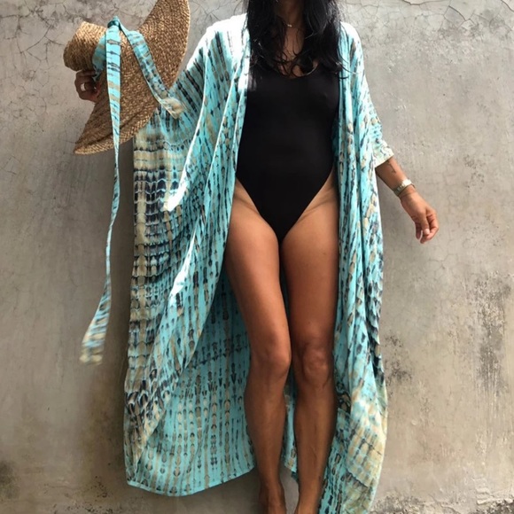 Turquoise Tie Dye Boho Swim Coverup Kimono Robe - Picture 8 of 9